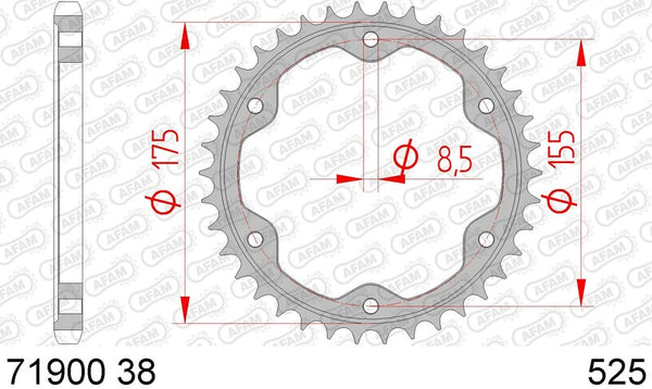 AFAM Steel Standard Rear Sprocket 71900 - 525 71900-38