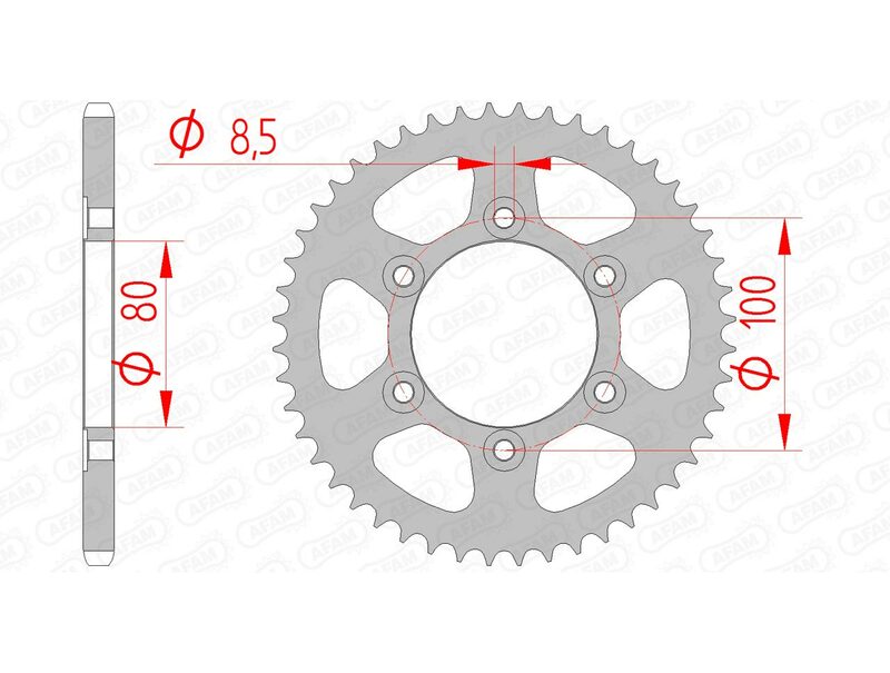 AFAM Steel Standard Bakdrev 80105 - 420, kompatibelt med Rieju RR, SMX och Spike 50. Precisionsdesign med 100 mm bultcirkel och 8,5 mm håldiameter.