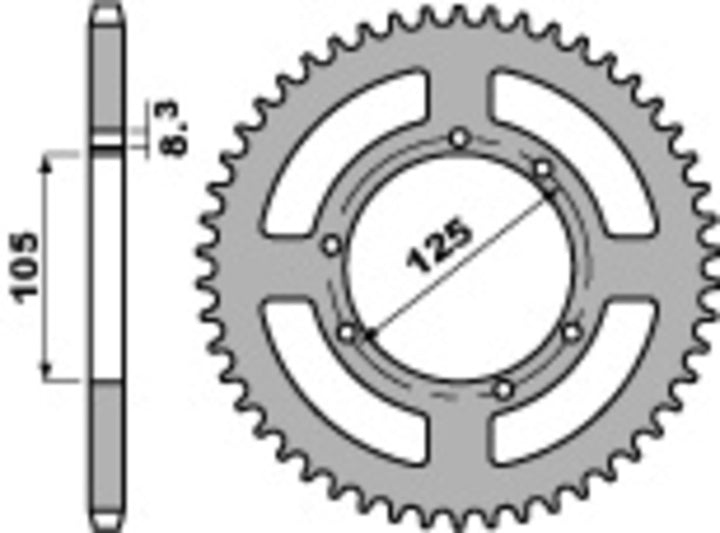 PBR Standard Steel Rear Sprocket 4413 - 428 4413 48 F med 48 tänder, 125 mm bultcirkel och 105 mm ytterdiameter, reservdel för chassi.