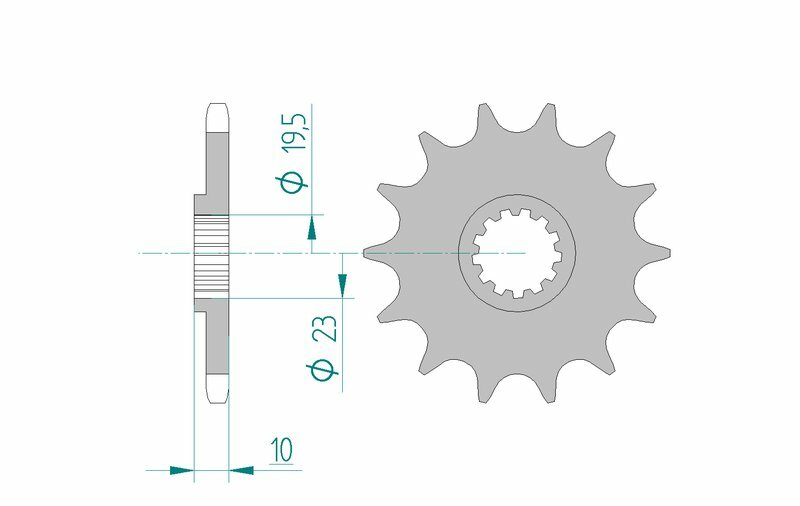 Teknisk ritning av AFAM Steel Self-Cleaning Front Sprocket 24201 - 520, kompatibel med Kawasaki KX 125. Visar dimensioner och monteringsdetaljer.