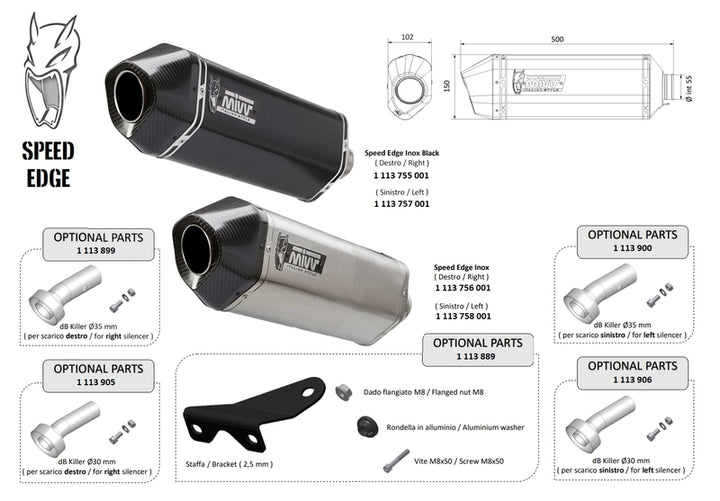 MIVV Speed Edge Universal Silencer - Right Side 00.73.KU.001.SRX i rostfritt stål med kolfiberände, visas med valfria delar och monteringsdetaljer. Perfekt för motorcykeltillbehör och avgassystem.