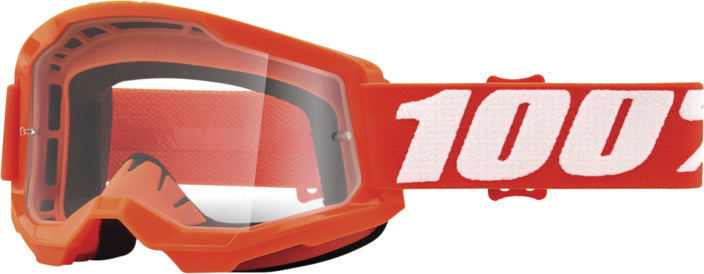 100% Goggles Strata 2 Orange - Klar med orange ram och klar lins, designade för motocross och motorcykelsäkerhet. Justerbart band med vit 100%-logotyp.