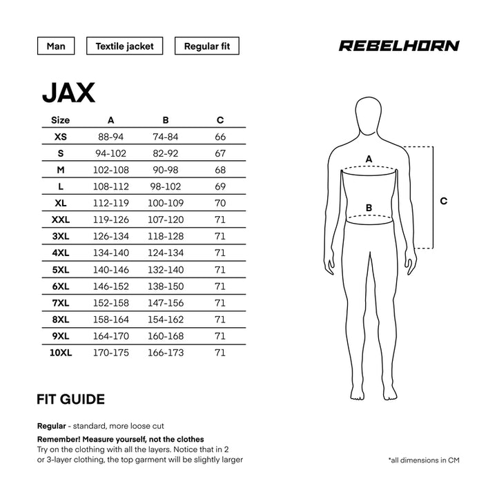 Storleksguide för Rebelhorn Jax Mc-jacka med mått för XS till 10XL. Hjälper till att välja rätt passform för optimal komfort.