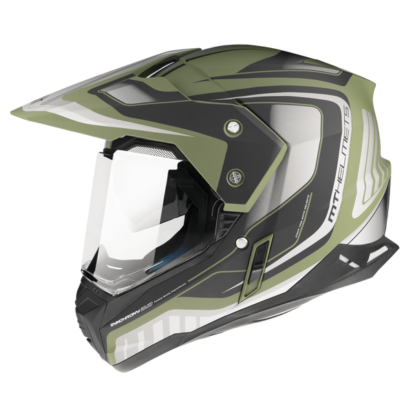 MT Helmets Adventure Mc-Hjälm Synchrony Military Green med visir och robust design, perfekt för motorcykeläventyr. Finns i flera storlekar från XS till XXL.