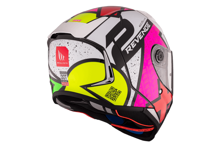 Bakre vy av MT Helmets Revenge 2 Light C0 hjälm med DOT-certifiering, grafiska detaljer och neonfärger. Perfekt för säker motorcykelkörning.