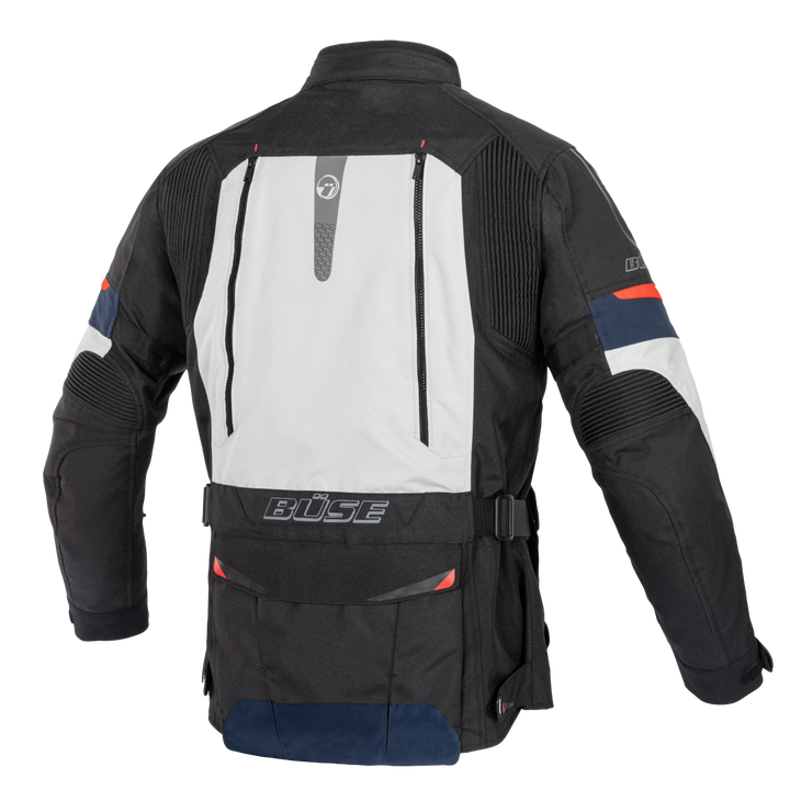 Buse Dam Textil Mc-Jacka Monterey Grå med svart och vit design, ryggventilation och reflexdetaljer för säkerhet vid motorcykelåkning.