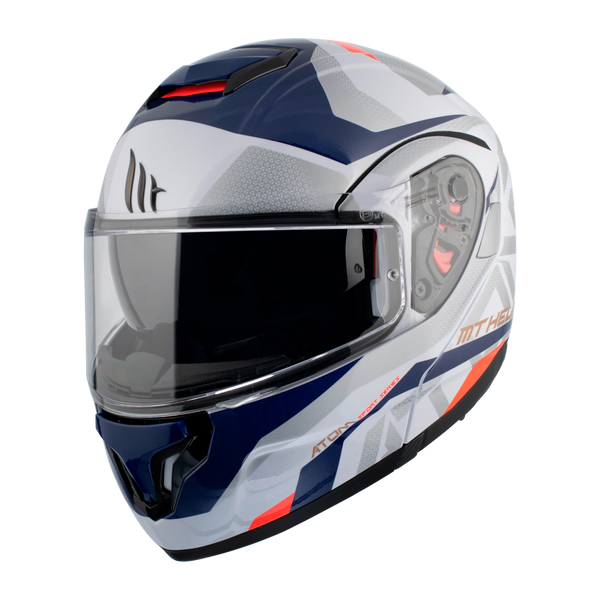 MT Helmets öppningsbar MC-hjälm Atom Pearl White med modern design i vitt, blått och rött, visir och ventilationssystem. Storlekar XS-XXL.