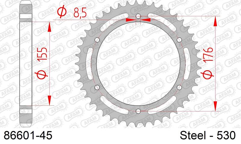 Teknisk ritning av AFAM Steel Standard bakdrev 86601 - 530. Detaljerade måttspecifikationer för exakt passform på Triumph-motorcyklar.