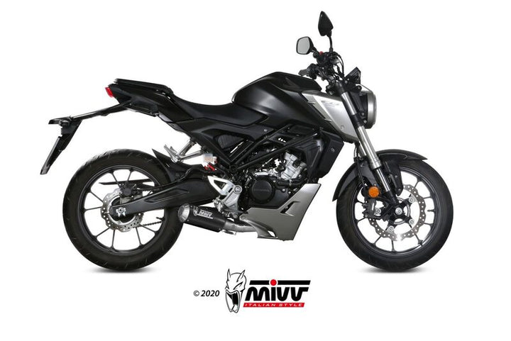 Sidovy av motorcykel utrustad med MIVV MK3 Full Exhaust System - Carbon H.076.SM3C. Högpresterande avgassystem för fordonstillbehör.