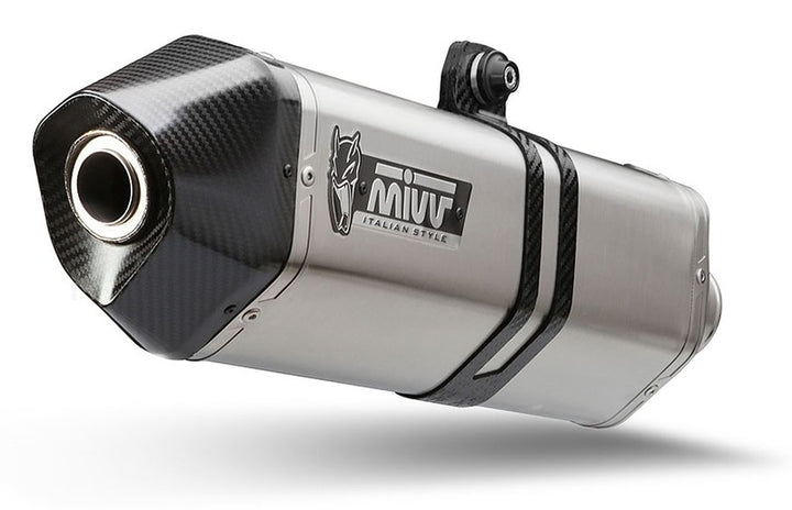 Närbild på MIVV Speed Edge Silencer HU.002.LRX i rostfritt stål med kolfiberändstycke, perfekt för motorcykelreservdelar och avgassystem.