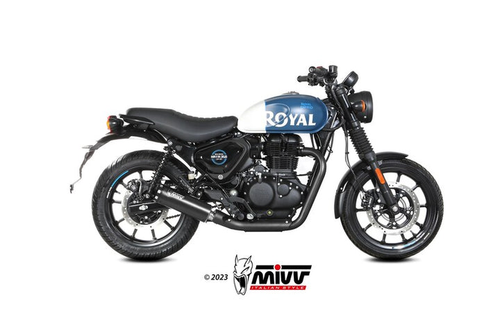 Sidovy av Royal Enfield med MIVV HR-1 Silencer RE.005.LH1BA installerad. Högpresterande avgassystem för motorcykeltillbehör.