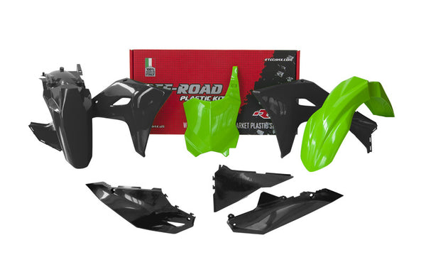 RACETECH Plastkit 5 delar – Svart &amp; Grön till Kawasaki (R-KITKXF-US5-Z24)