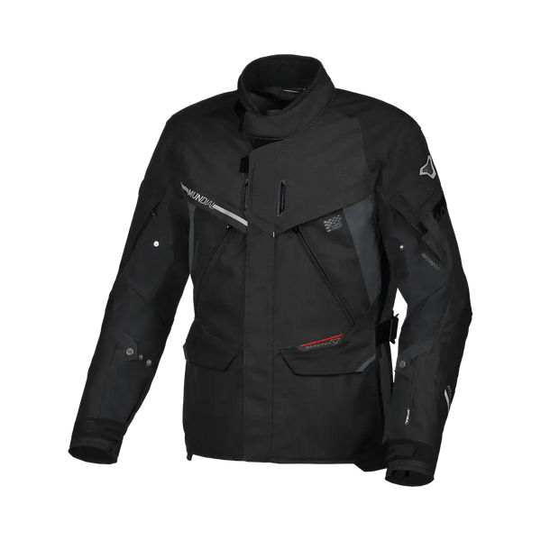Macna textil mc-jacka Mundial i svart med ventilation, skydd och avtagbara lager. Perfekt för motorcykelåkning, storlekar S-4XL.