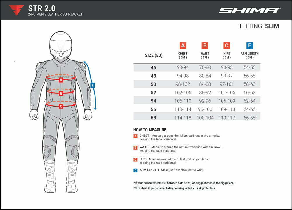 Storlekstabell för Shima MC-Skinnjacka STR 2.0 med detaljerade mått för bröst, midja, höfter och ärmlängd. Slim fit-passform.