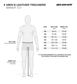 Storleksguide för Shima Mc-Skinnbyxor Bandit 2.0 Svart med mått för midja, höfter och benlängd för storlekar 46 till 58.