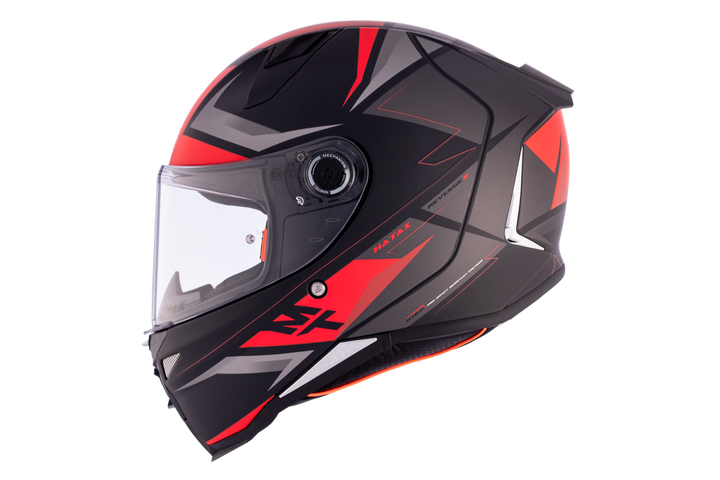 MT Helmets Integral Mc-Hjälm Revenge 2 Hatax B5 med aerodynamisk form och röd-svart grafik, visad från sidan. Passar stadskörning och långfärder.