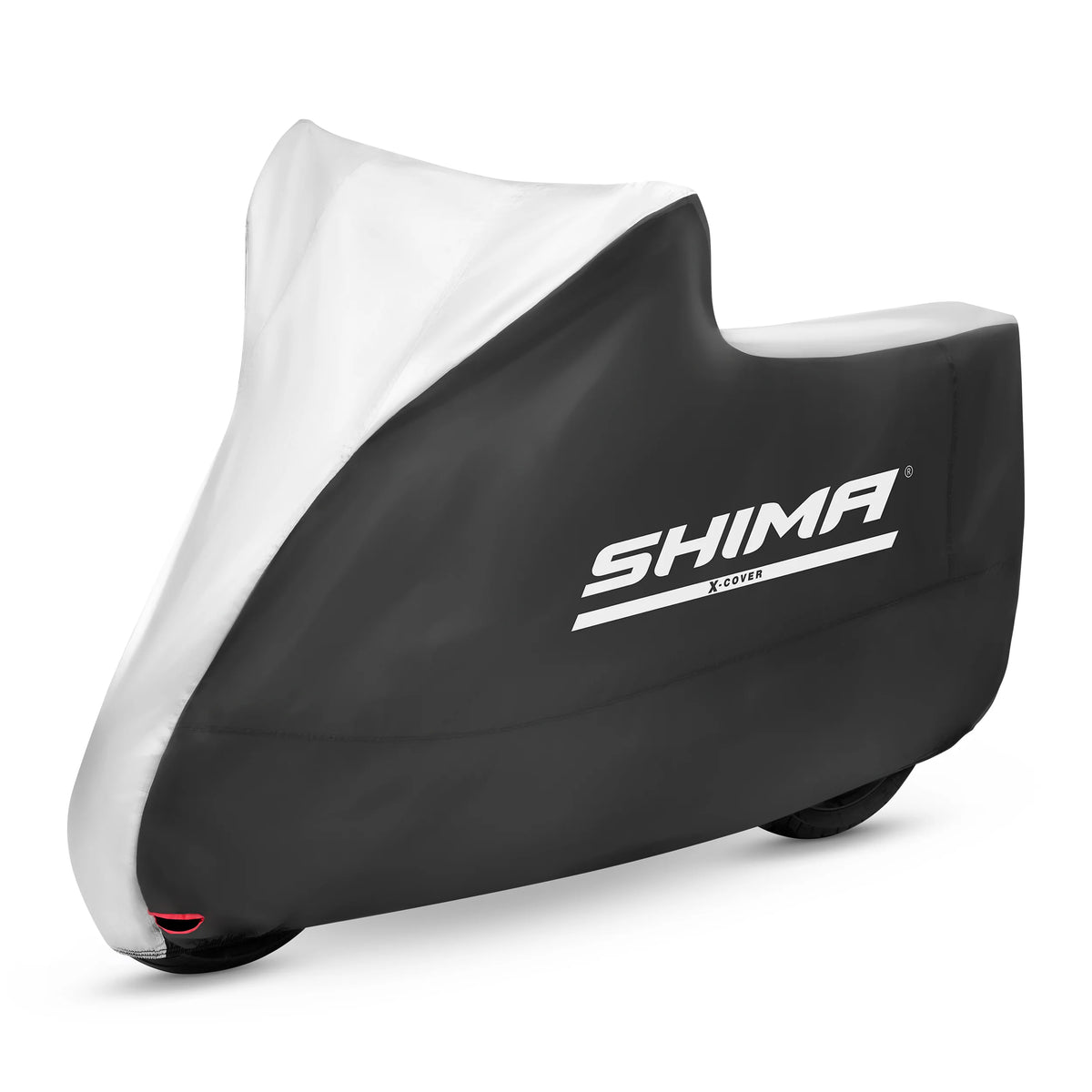 Shima Outdoor X-Cover i svart och vitt, slitstarkt motorcykelöverdrag för utomhusbruk. Passar olika storlekar från S till XL.