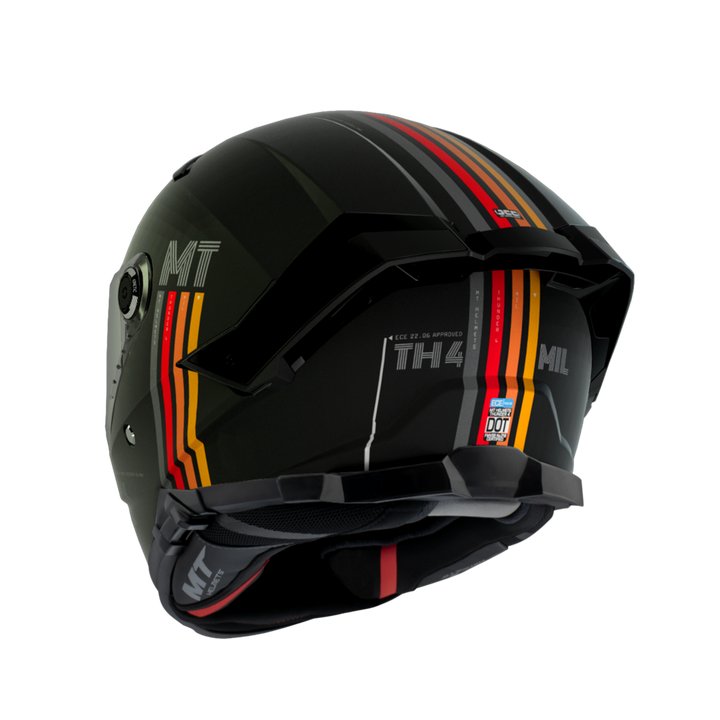 MT Helmets Integralhjälm Thunder 4 SV Mil Matt Svart med bakre vy som visar ränder i orange och gult samt DOT-certifiering. Modern design för säker motorcykelkörning.