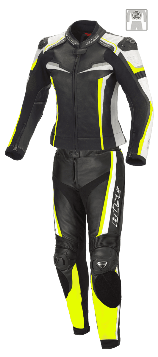 Buse Mille dam skinnställ 2-delat i svart och fluorgul design med SAS-TEC skydd och reflexdetaljer. Perfekt för kvinnliga motorcyklister.