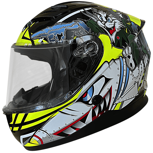 ROCC 42 Barn Integral Hjälm med kattmotiv i färgglada nyanser, justerbar ventilation och säker design för unga motorcyklister.