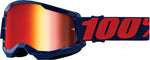 100% Goggles Strata 2 Masego - Spegel med röd spegellins och blå ram, designad för motocross och motorcykelskydd.