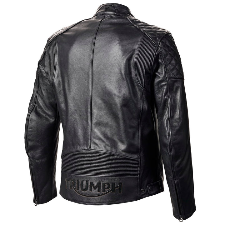 Baksidan av Triumph Skinn Mc-Jacka Braddan Svart med präglad Triumph-logga och ribbade detaljer för extra komfort.