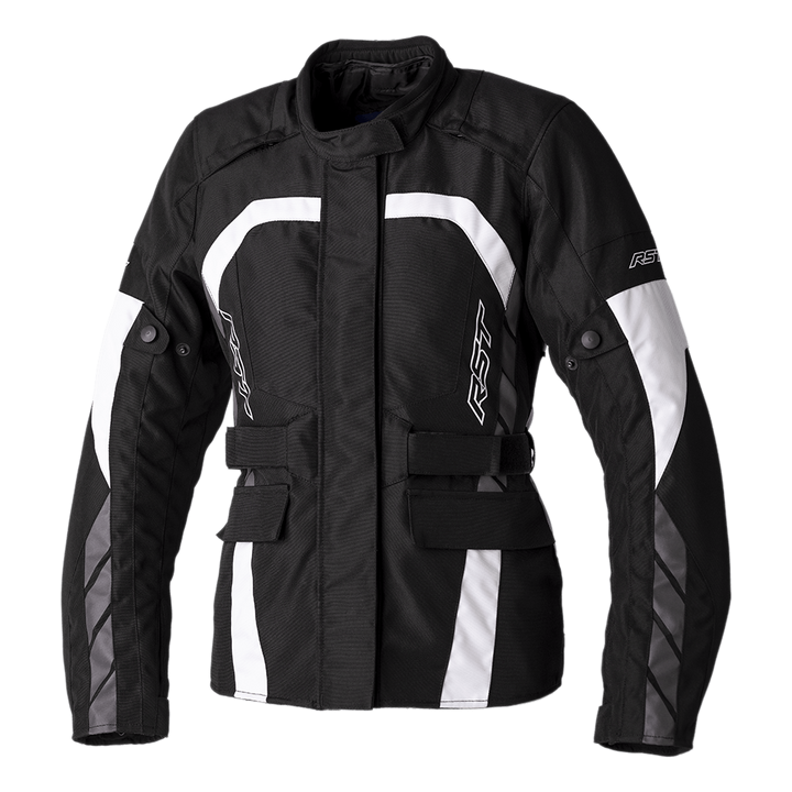 RST Dam Textil Mc-Jacka Alpha 5 i svart och vitt med justerbara ärmar och midja. Slitstarkt material och strategiskt placerade reflexdetaljer.