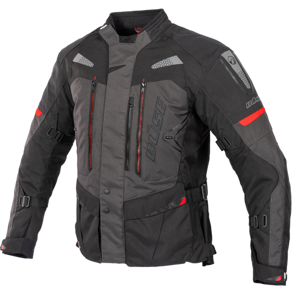 Buse Textil Mc-Jacka Monterey Svart med CE-certifiering, justerbara remmar och ventilationsdragkedjor fram. Slitstark textil för motorcykelåkning.