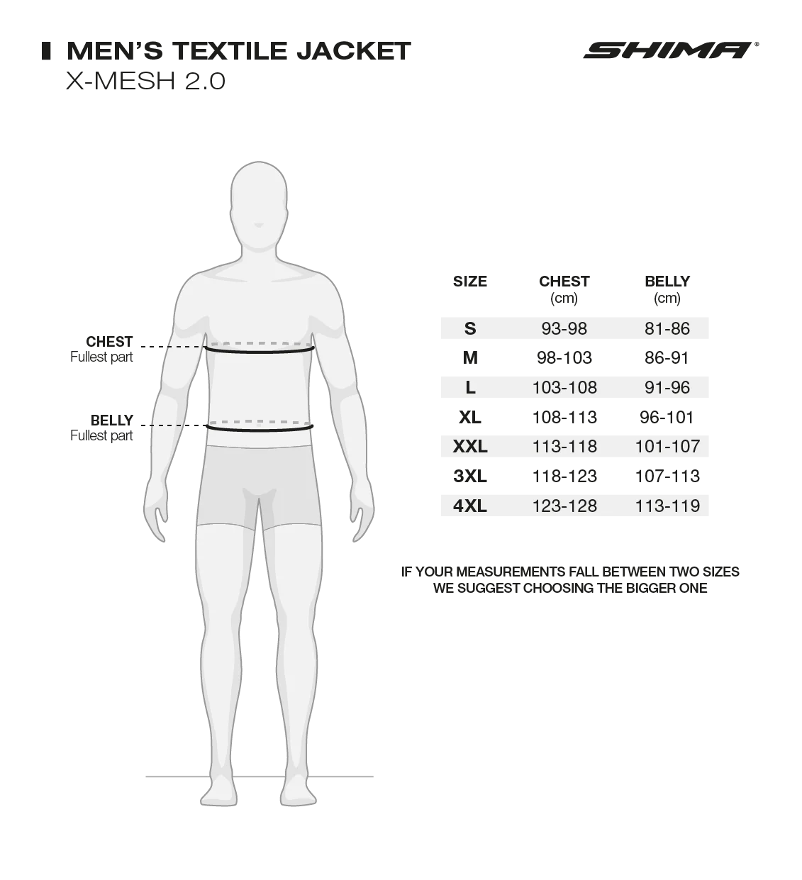 Storleksguide för Shima Textil Mc-Jacka X-Mesh 2.0 Svart/Röd med mått för bröst, midja och höfter. Tillgänglig i storlekar S-4XL.