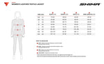 Storlekstabell för Shima Dam Mc-Skinnjacka Monaco 2.0 Svart, med mått för byst, midja, höfter och ärmlängd i olika storlekar.