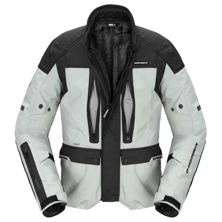 Spidi Textil Mc-Jacka Traveler 3 Grå, framifrån med öppna ventilationspaneler och robust design. Idealisk för motorcykelåkare.