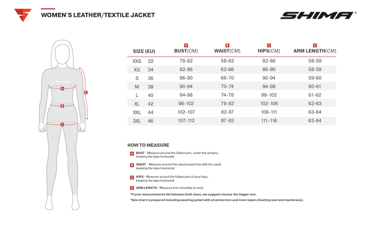 Storleksguide för Shima Dam Textil Mc-Jacka Drift Flu med mått för byst, midja, höfter och ärmlängd i EU-storlekar.
