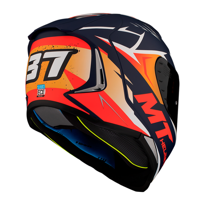 Baksidan av MT Helmets Integral Mc-Hjälm Revenge 2 Acosta Blå med nummer 37 och livfulla grafiska mönster i blått, rött och orange.